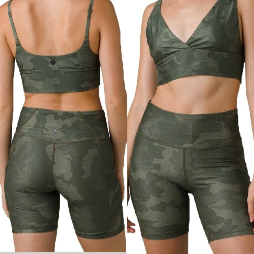 Prana Olive Green Camo Women’s High-Rise Bike Shorts